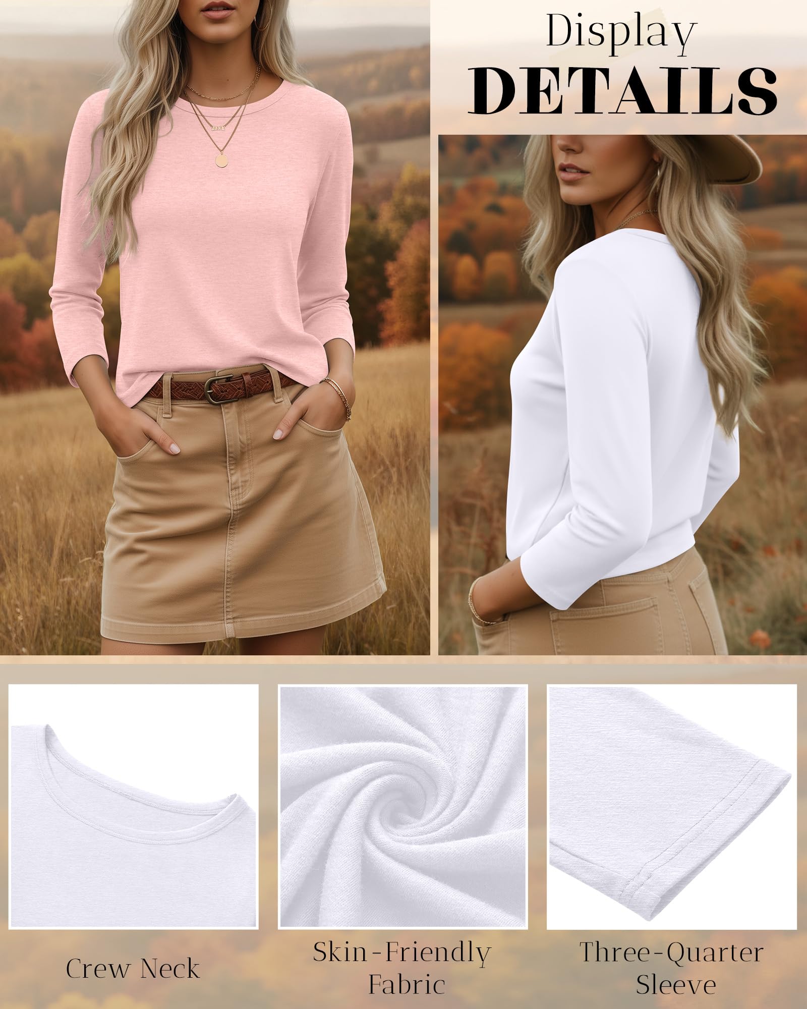 Ficerd Pack de 3 Camisetas de Manga 3/4 para Mujer Cuello Redondo Básicas Elegantes Informales Holgadas y a la Moda