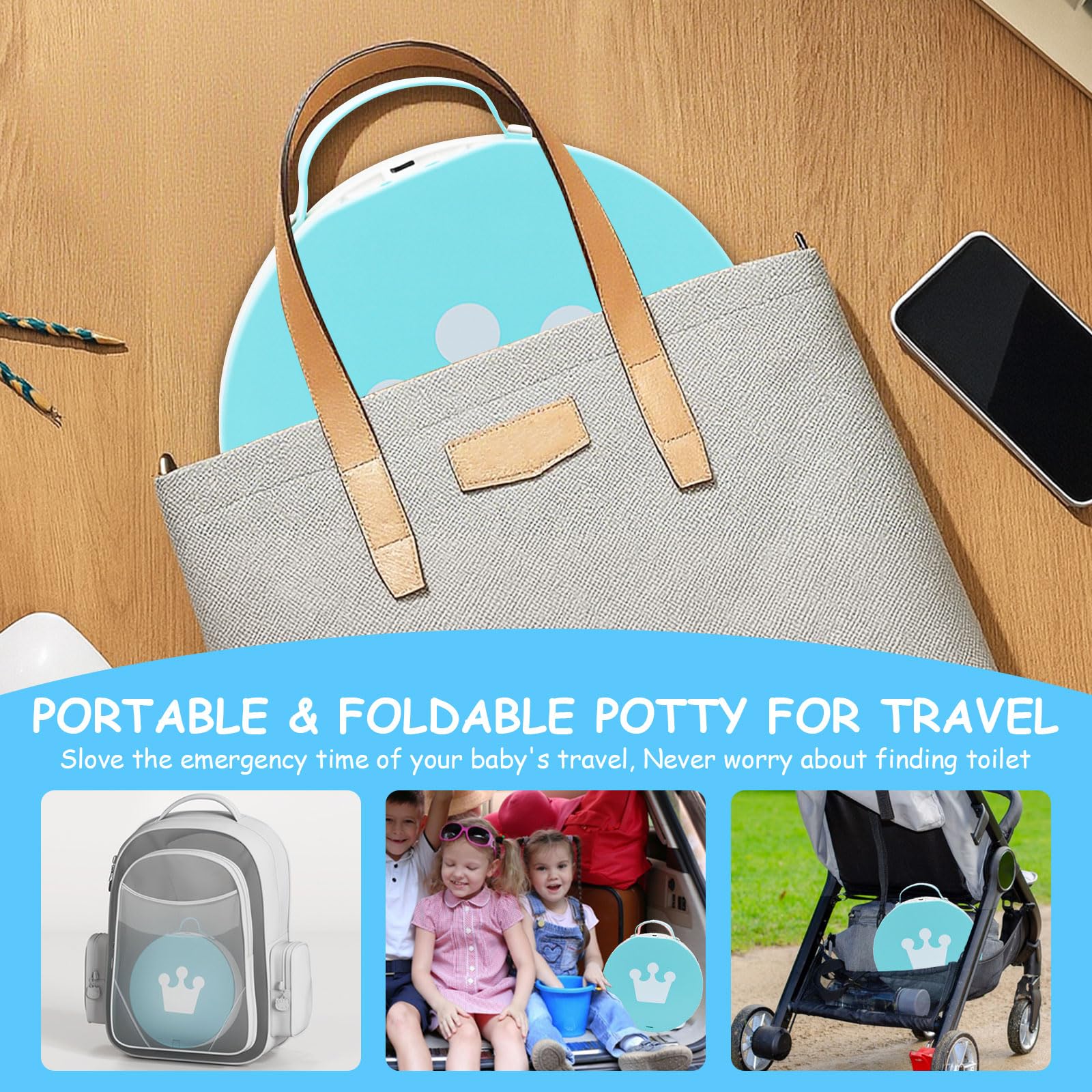 Siège Toilette Pliable, Pot de Voyage pour Enfant, Toilette Portable Enfant, Siège de Pot WC, avec Rouler Sacs, Sac de Rangement, pour Voyages Camping Voiture Plage Usage Familial (Bleu)