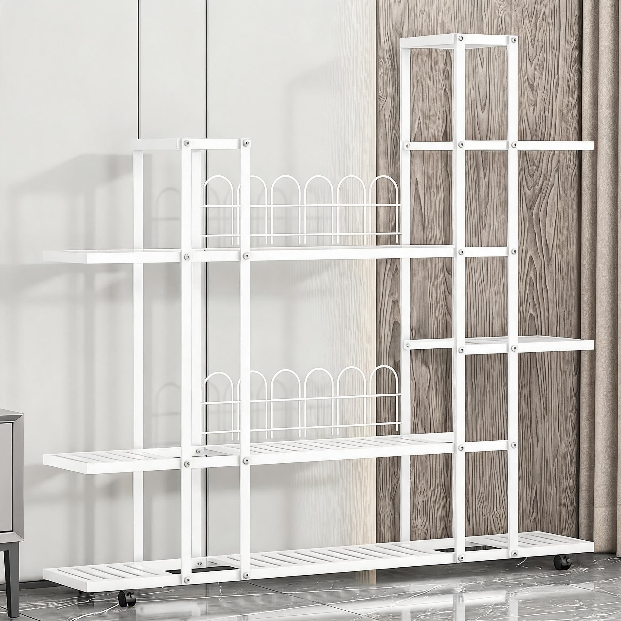 Garvee Porta Piante da Interno ed Esterno, Scaffale per Piante in Ferro per Vasi, Supporto Fiori con Ruote, Espositore Piante Salvaspazio per Soggiorno, Balcone e Giardino (7 Livelli (Bianco))