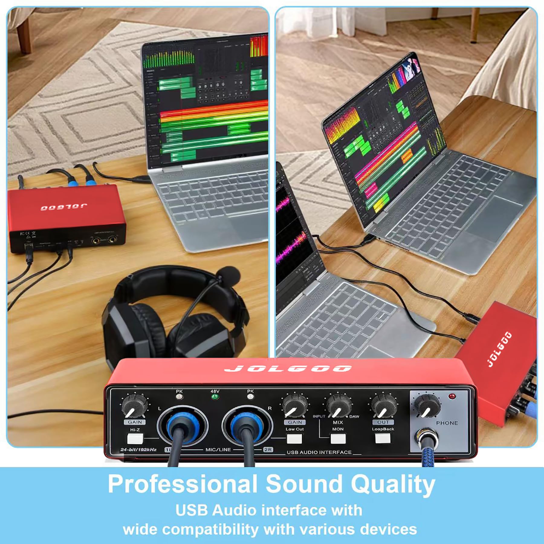 Interfaccia audio USB, scheda audio Plug & Play a 24 bit/192 kHz rossa per registrazione - XLR/Line In, uscita cuffie, bassa latenza, compatibile con PC, Mac, smartphone