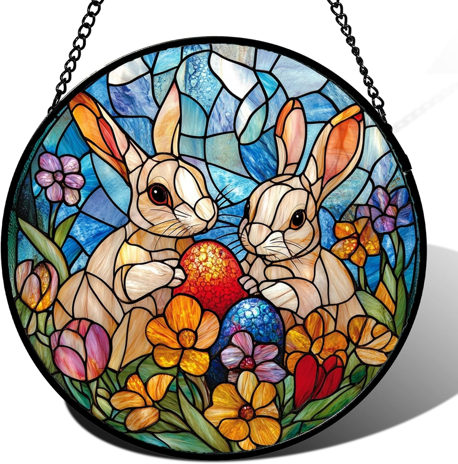 Stained Glass Window Hanging Rabbit Flower Easter Eggs Large 11.8" - Bunny Suncatcher Door Garden Sun Catcher Decor Birthday Christmas for Woman Nana Friend Mom Kids