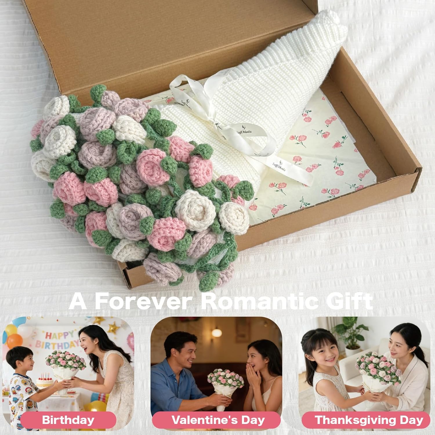 Crochet Rose Flower Bouquet Blanket, Handmade Throw Blankets, Romantic Gift for Friend Birthday, Valentine, Wedding Anniversary, Mother's Day (Multicolored Rose, 39 inches)