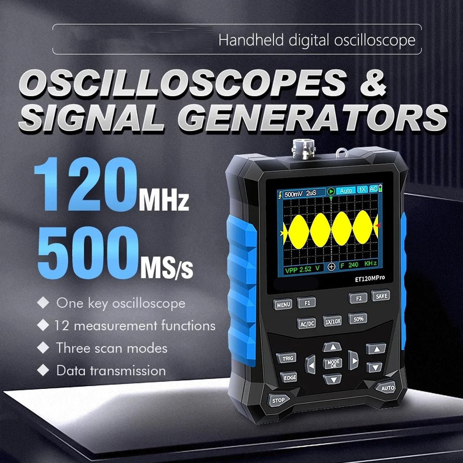 Generic Osciloscopio Digital Portátil con Ancho de Banda de 120 MHz Excelente Precisión para I+D y Educación Pantalla a Color de 2,4 Pulgadas
