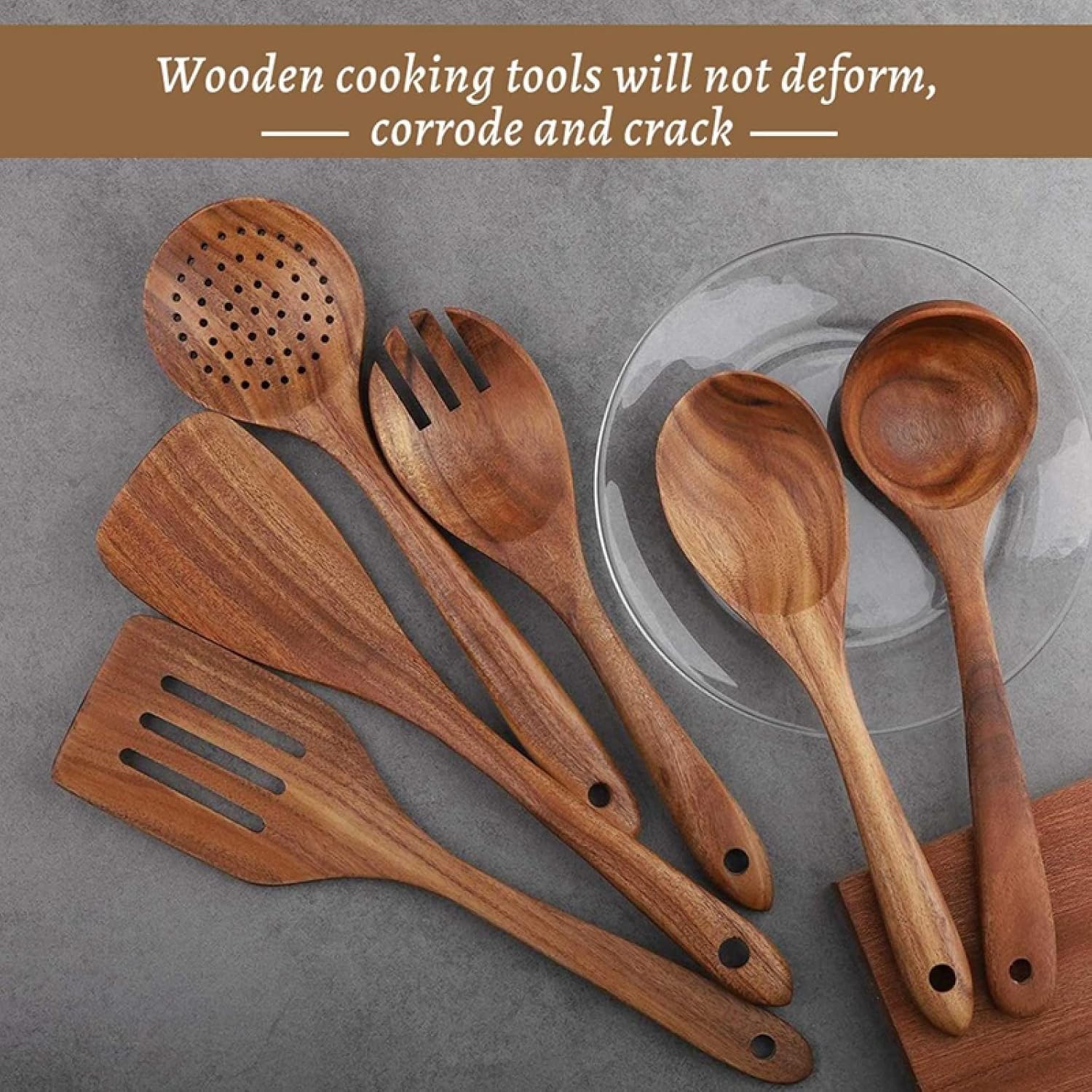 Küchenutensilien-Set, Kochutensilien-Set Aus Holz for Die Küche, Antihaftbeschichtet, Kochgeschirr, Spatel, Gabel, 6-teilig