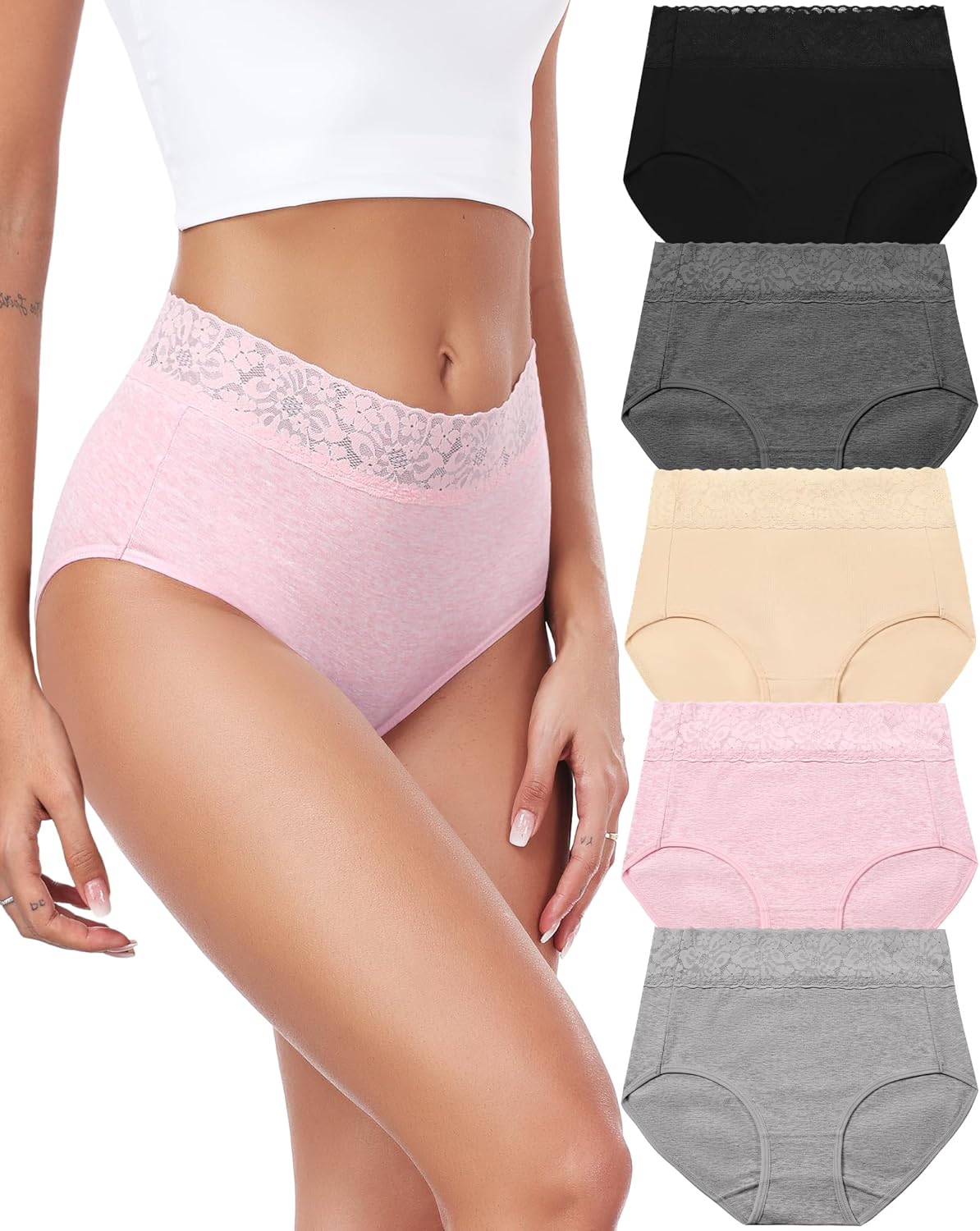 RHYFF Womens Underwear Cotton Lace Panties High Waist Panty Soft Breathable Ladies Hipster Full Coverage Briefs S-3XL