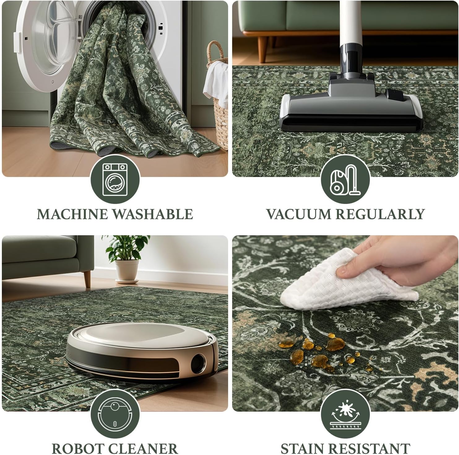 8x10 Area Rugs for Living Room, Non Slip Washable Rugs Large Rug Indoor Carpet, Durable & Soft Vintage Rug for Bedroom Dining Room Home Office Decor, Dark Green