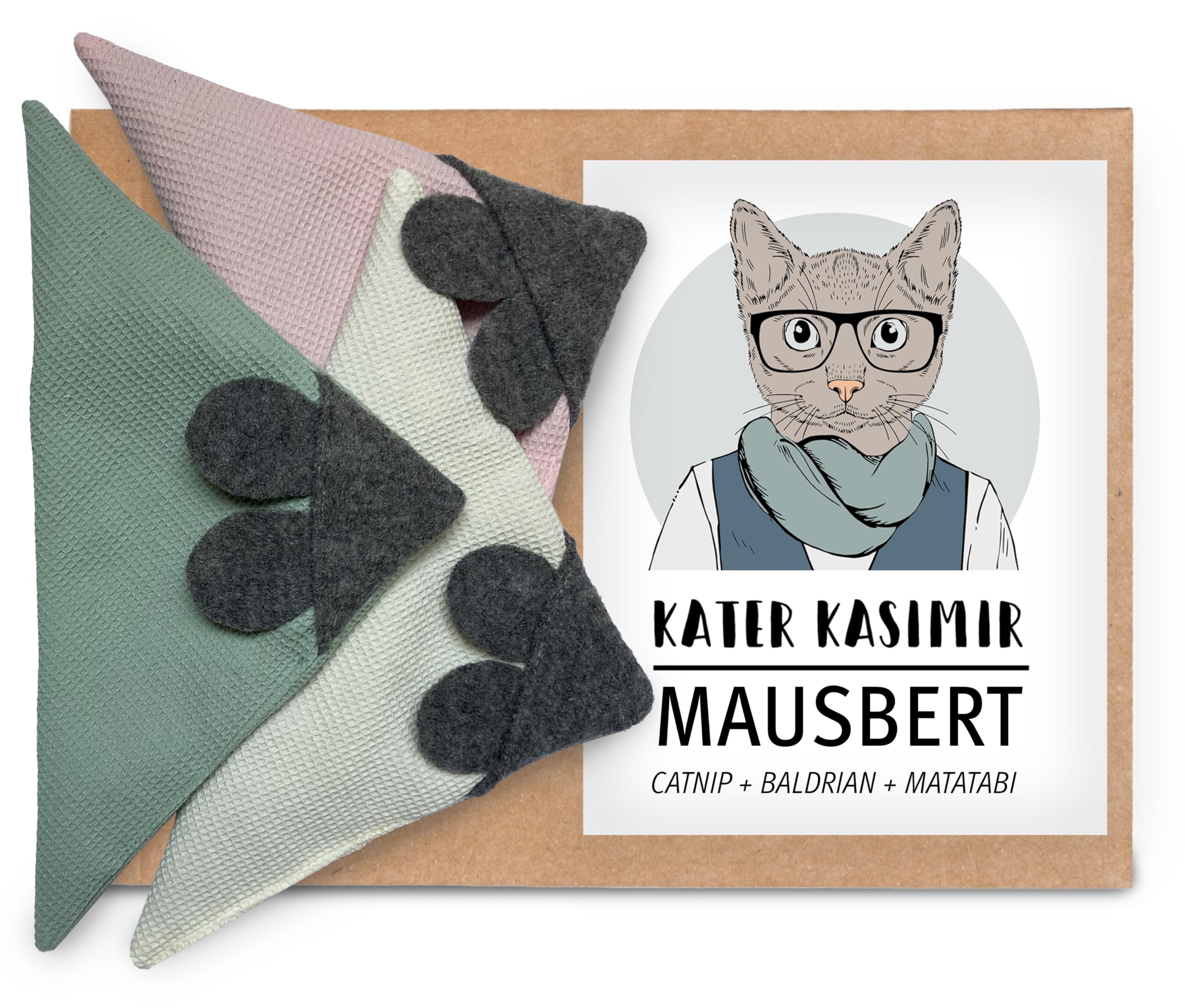 Kater Kasimir MAUSBERT 2-in-1 Kuschelkissen und Katzenspielzeug Maus in Einem! 3er Set mit Bio-Katzenminze, Bio-Baldrian und Matatabi-Früchten. Handgemacht in Deutschland
