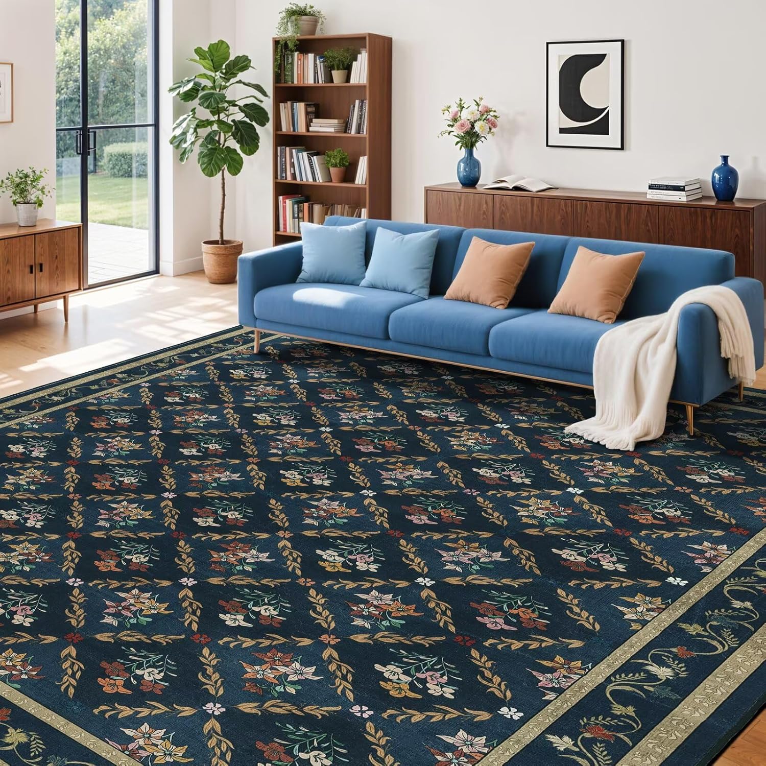 Rwlvpe Blue Floral Rugs 9x12 Area Rugs for Living Room, Non Slip Stain Resistance Washable Vintage Large Area Rug for Bedroom, Low Pile Checkered Carpet for Farmhouse Dining Room Office Blue-a 9' x 12' (Rectangular)