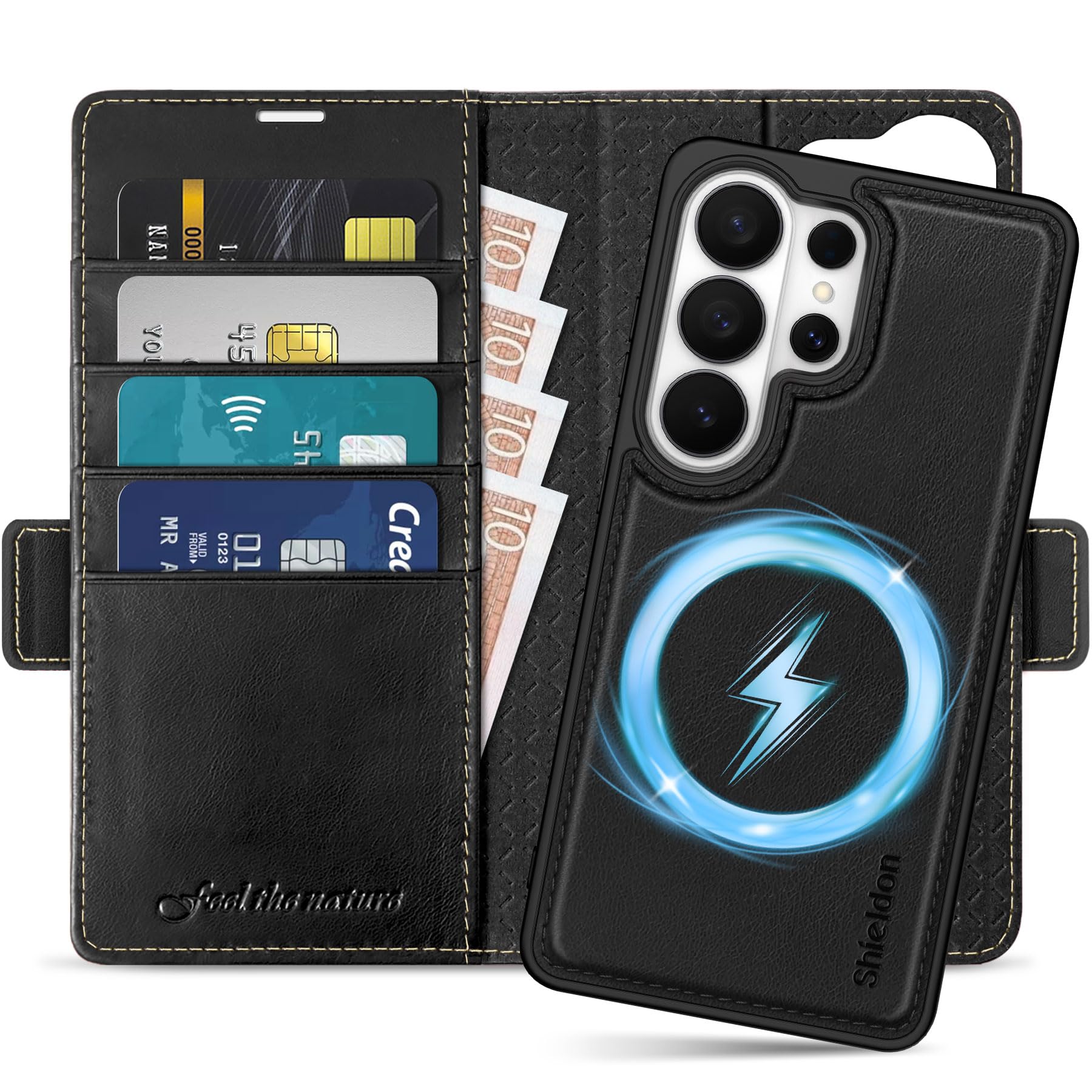 SHIELDON Genuine Leather Detachable Wallet Case for Galaxy S26 Ultra 6.9-inch 5G 2026, Magnetic Wireless Charging, RFID Blocking, Card Holder, Viewing Stand, Shockproof Flip Cover - Retro Black