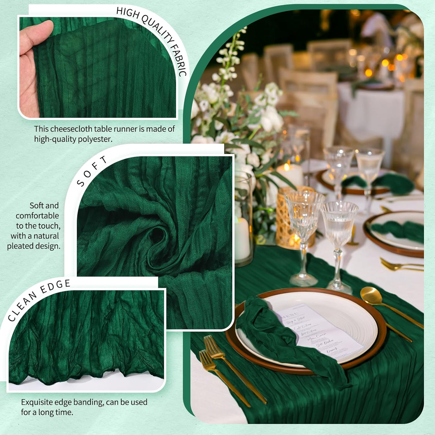 10 Pack Emerald Green Cheesecloth Table Runner 10FT Boho Gauze Cheese Cloth Table Runners Romantic Rustic Sheer Table Decorations for Wedding Party Baby Shower Birthday Holiday Home