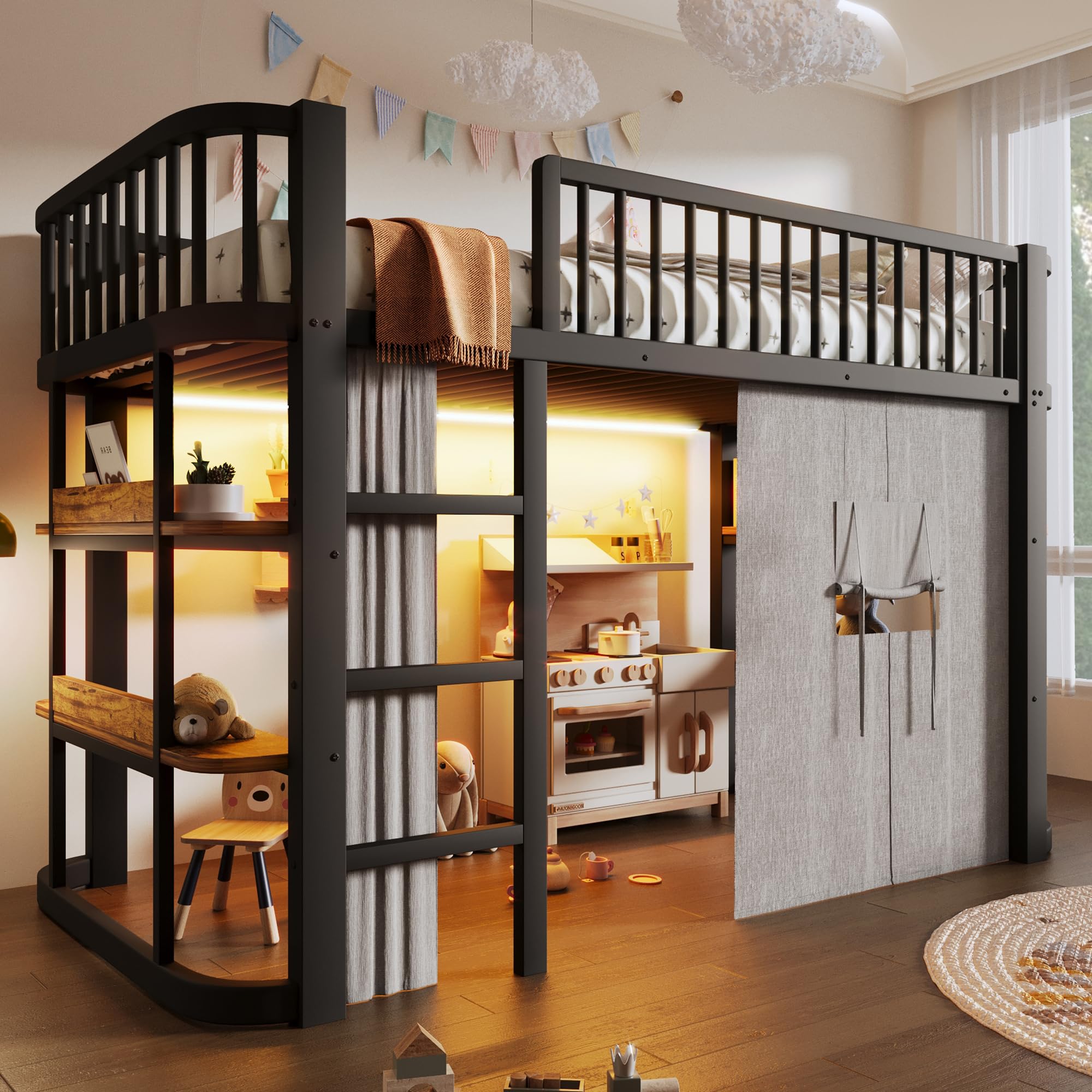 Cama alta de metal 90x200 con cortinas para crear un dormitorio juvenil con zona de estudio
