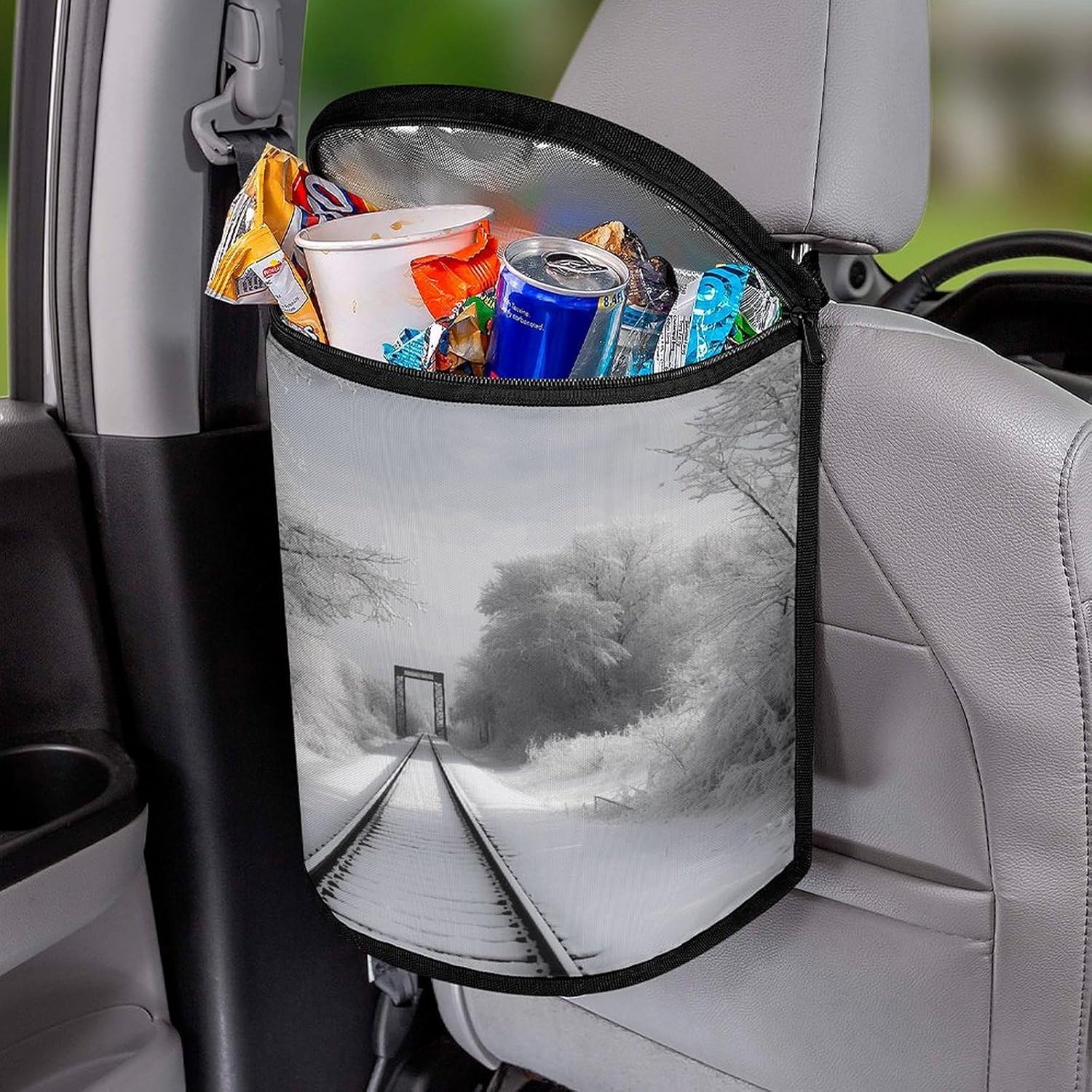 Snowy Train Tracks Car Trash Can Portable Car Garbage Bag with Lid Hanging Leak-Proof Waterproof Cars Trash Bag Large Capacity Automotive Garbage Cans for All Vehicle