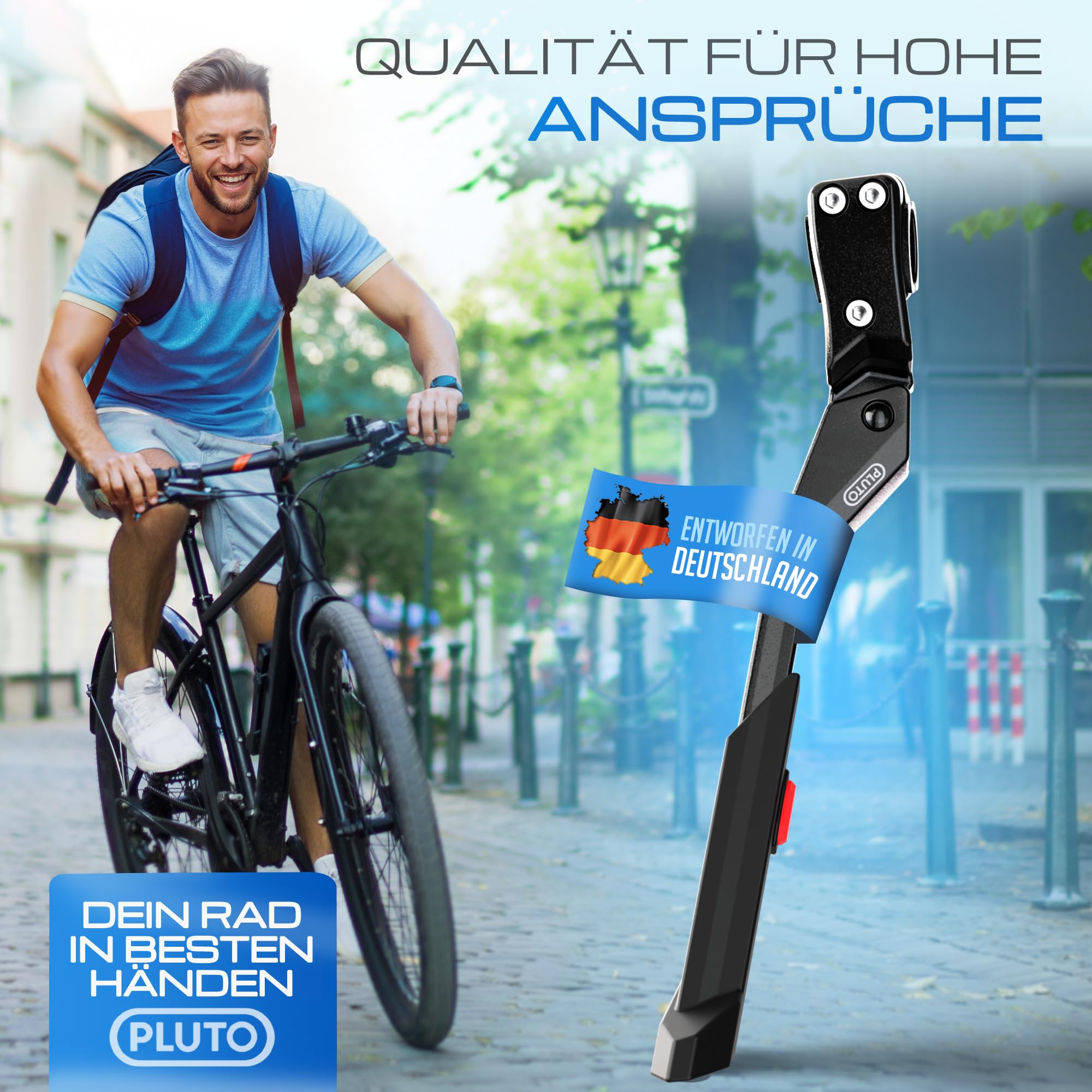 PLUTO Fahrradständer 24–29 Zoll – Höhenverstellbarer Hinterbauständer aus Aluminium | MTB Fahrradständer & E-Bike Ständer | Rutschfester Universal Seitenständer für Mountainbike, City & Trekking