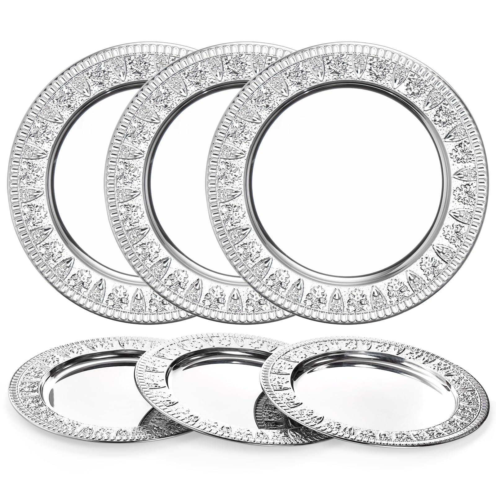 ZENFUN Paquete de 6 platos de carga de acero inoxidable de 13 pulgadas, placas redondas de metal con patrón de flores, platos de camping grandes para el hogar, banquetes, fiestas, restaurantes