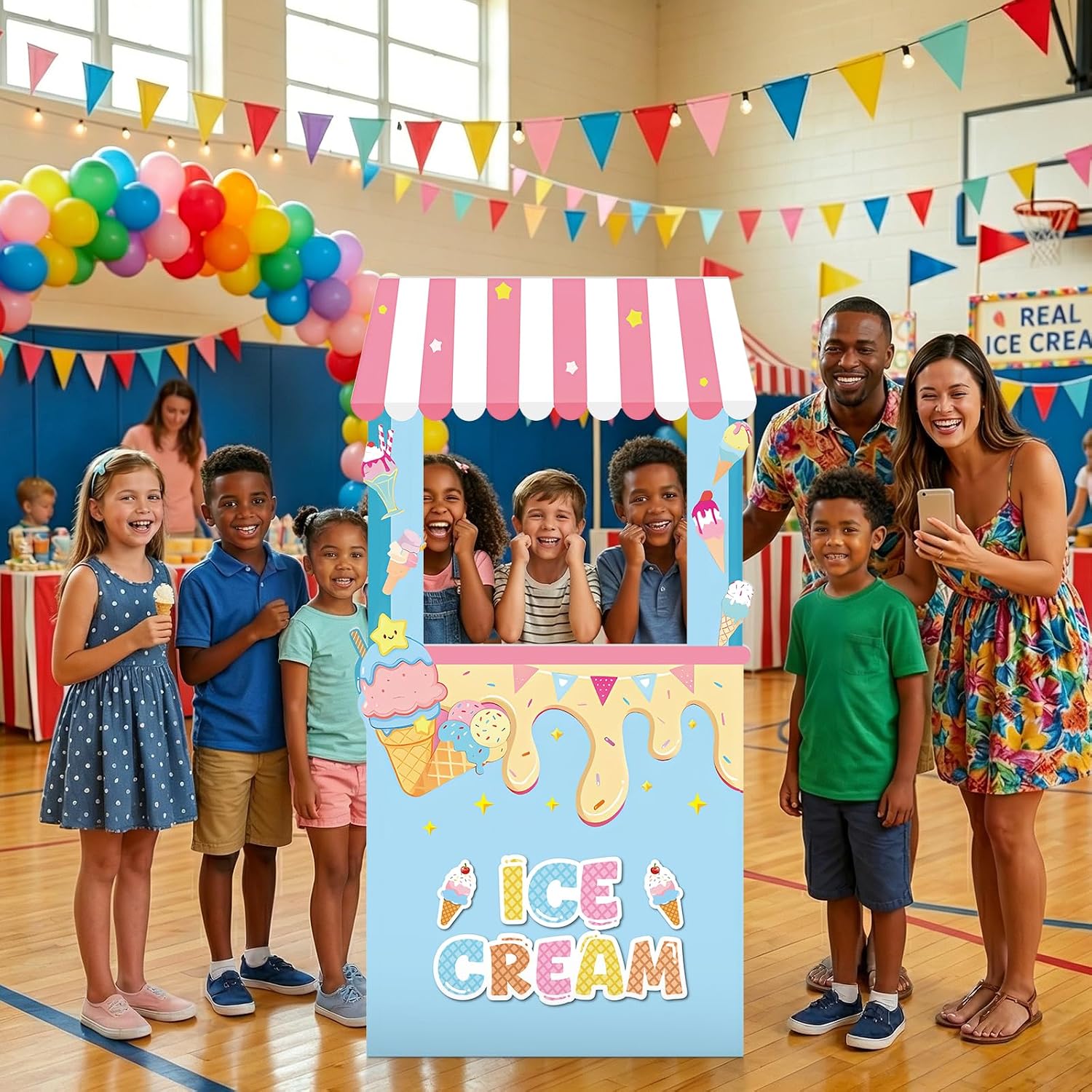 5.3 Ft Ice Cream Party Stand Cardboard Cutout Large Ice Cream Shop Photo Booth Prop Summer Birthday Stand Up Backdrop Decoration for Summer School Carnival Events Classroom Baby Shower Supplies