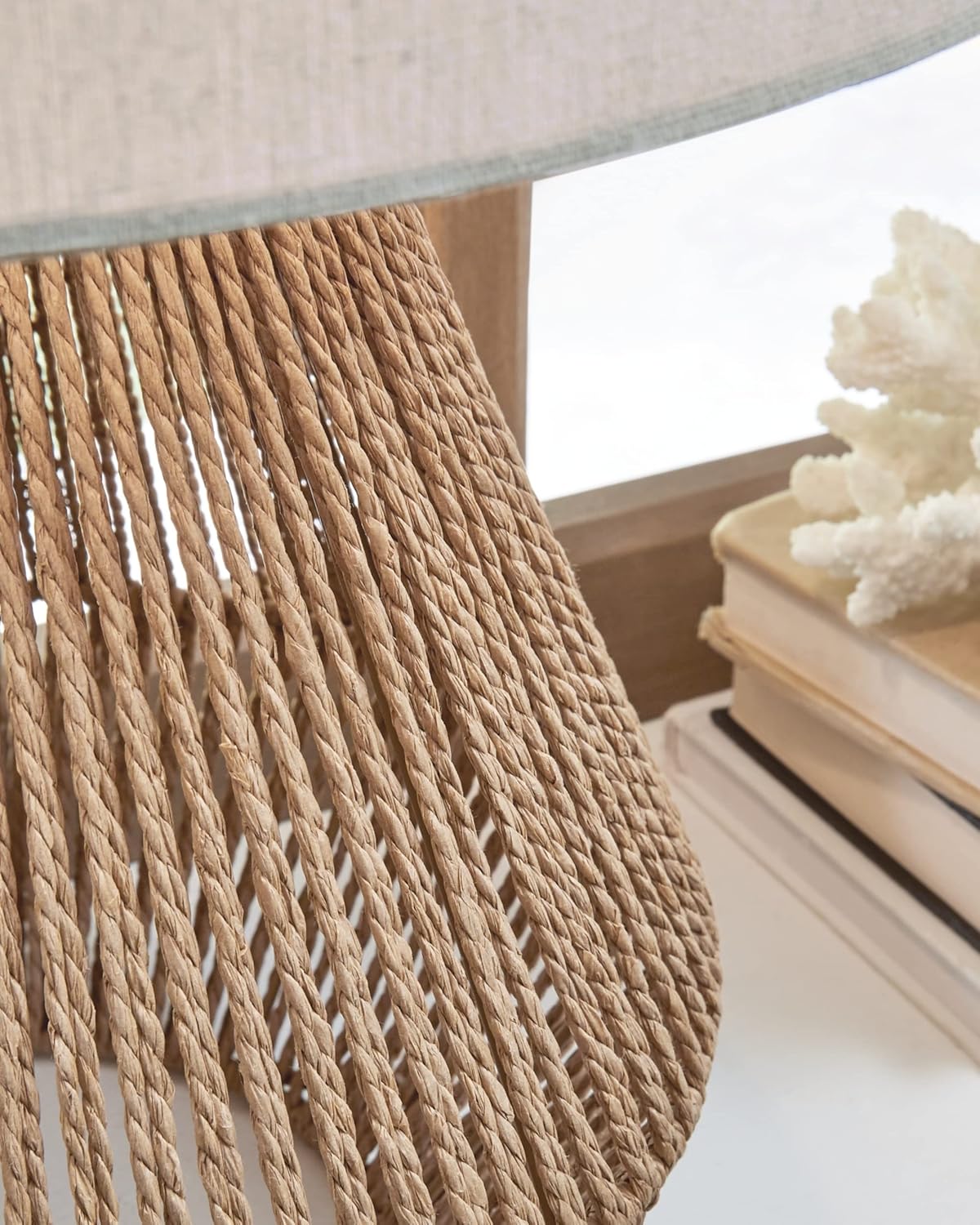 Beige and White Rope Tripod Table Lamp with Drum Shade