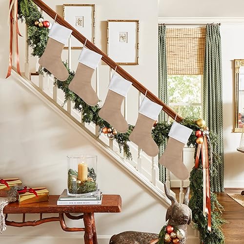 Miniatura 3 de Medias de Navidad de arpillera de 20 pulgadas a granel, medias neutrales de Navidad para colgar en la chimenea, paquete de 5