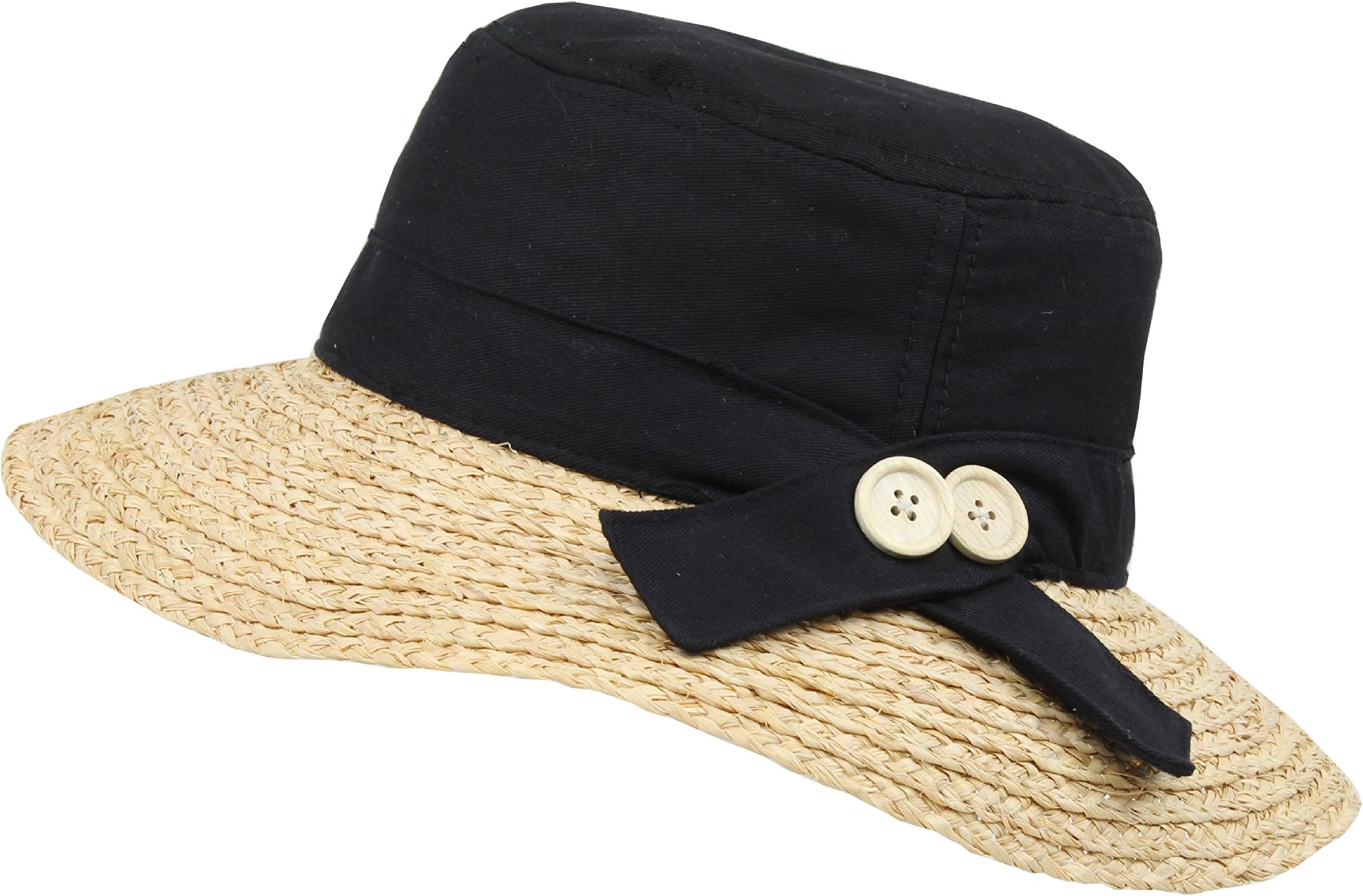 Black Foldable Straw Cloche Sun Hat, Wide Brim W/Cotton Top - Travel, Beach