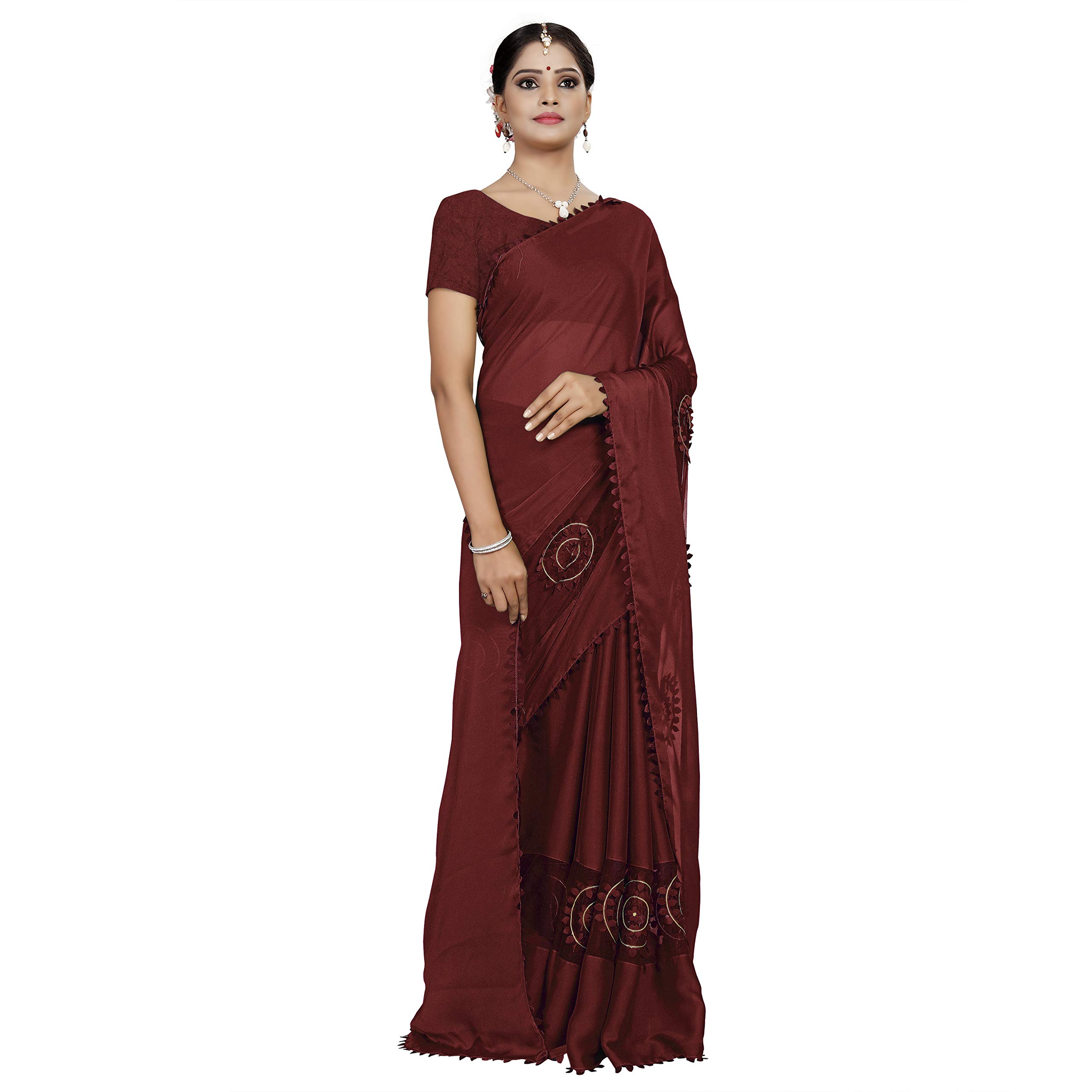 ARSH IMPEX Women's Flower Lesser Cut Work Silk Saree (aarsh_1099c, Maroon)