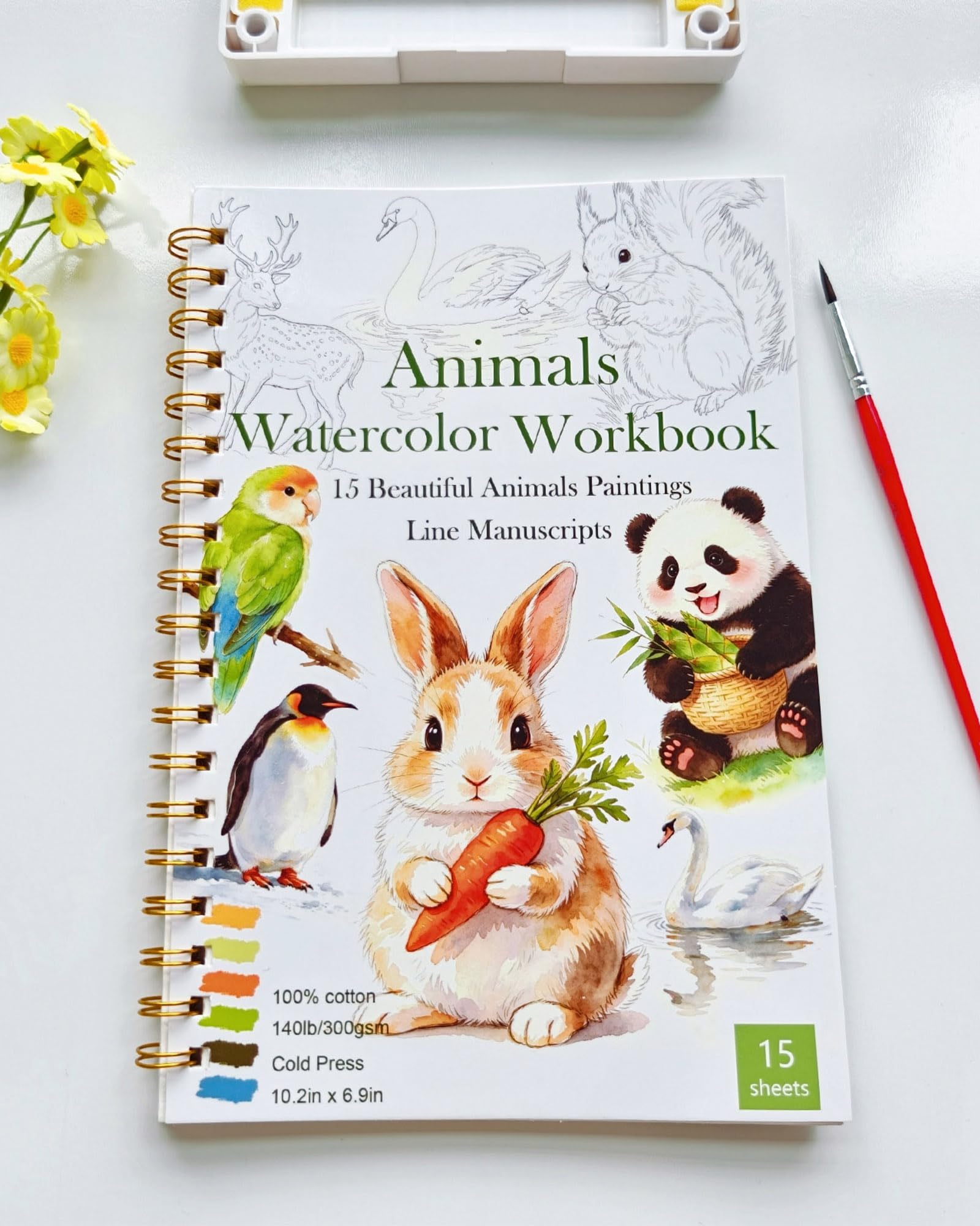 Watercolor Workbook, Water Coloring Book for Adult &amp;Teens Beginners,15 Beautiful Animals Designs 300gsm Cold Press Cotton Watercolor Paper,Perfect Gifts to Spark Creativity Stress Relief(10.2" x 6.9")