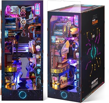 FUNPOLA 3D Wood Puzzle Book Nook Kit, Futuristic Miniature Bookshelf Insert with LED Lights, DIY Cyberpunk Bookend Decor for Display, Unique Craft for Adults and Teens Endless Dimensions