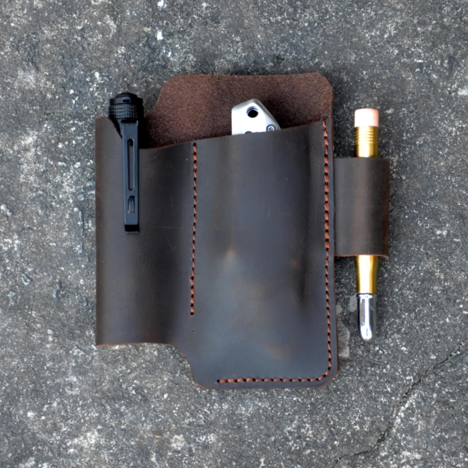 Genuine Leather Multitool Sheath Organizer, Leather EDC Pouch for Men, Belt Holder Mini Leather Pocket, Flashlight Holder, Pen Holder, Sheath Holster Darkbrown - Image 4
