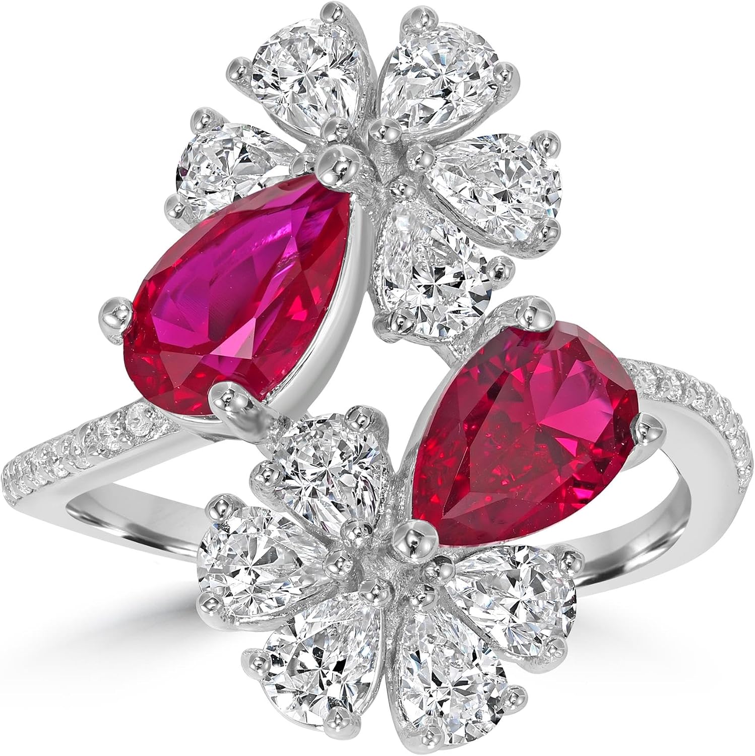 Kathy Levine Sterling Silver White and Ruby Cubic Zirconia Double Flower Pear and Round Bypass Ring