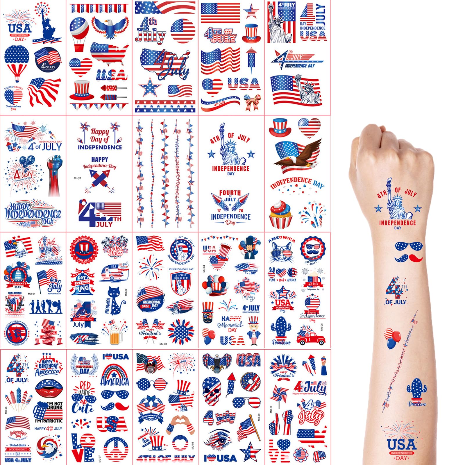 160pcs 20Sheets 4th of July Decorations Temporary Tattoos Red White and Blue American Flag Tattoos Stickers for Independence Day