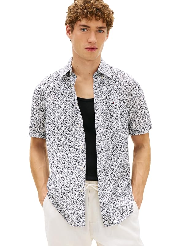 Tommy Hilfiger Men's Linen Tropical Print Regular Short Sleeve Shirts, White/Allover Medium by Tommy Hilfiger - Used condition - US$51.27
