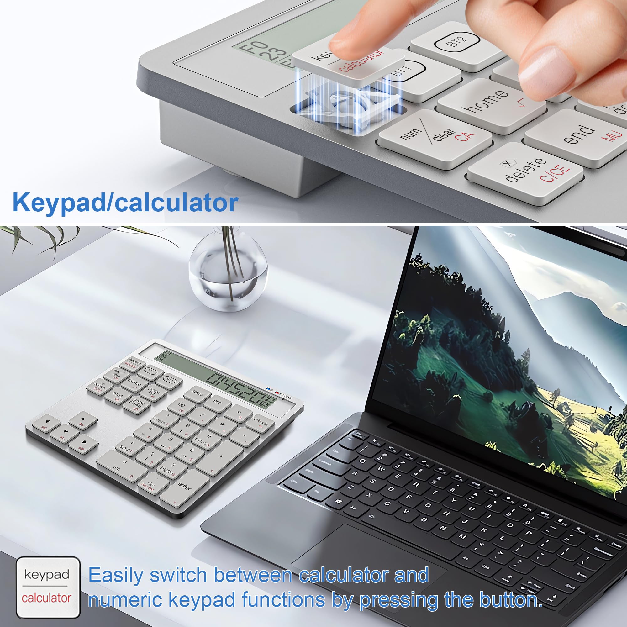 Tastierino numerico 2-in-1 ricaricabile con Bluetooth e USB, 34 tasti con display calcolatrice, sottile e portatile per PC/Mac/tablet, inserimento dati e contabilità rapidi
