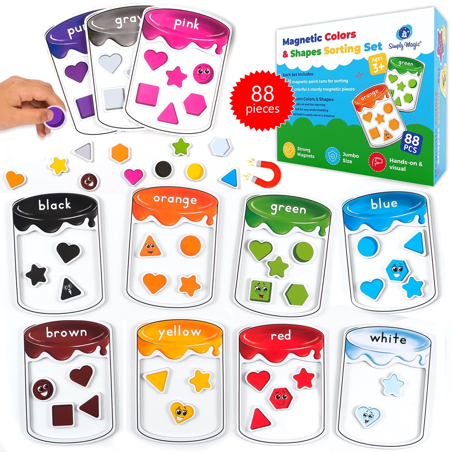 88 PCS Magnetic Color Sorting Set - Magnetic Shapes & Learning Color Sorting Toys for Toddlers 1-3, Matching & Recognition Magnets for Fridge, Whiteboard, Sorting Magnets for Toddlers - Simply Magic