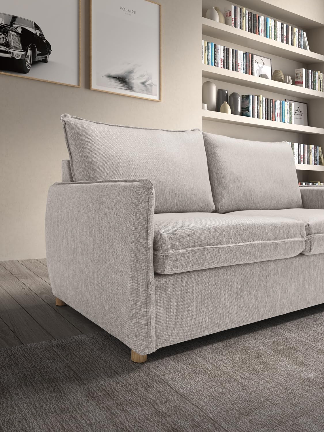 EVERGREENWEB - Divano Letto a 2 Posti con Materasso Memory 140x190, Sofà Soggiorno con Piedi in Legno Design Moderno, Struttura Rinforzata Pieghevole, Tessuto Beige Antimacchia, Cuscini Estraibili