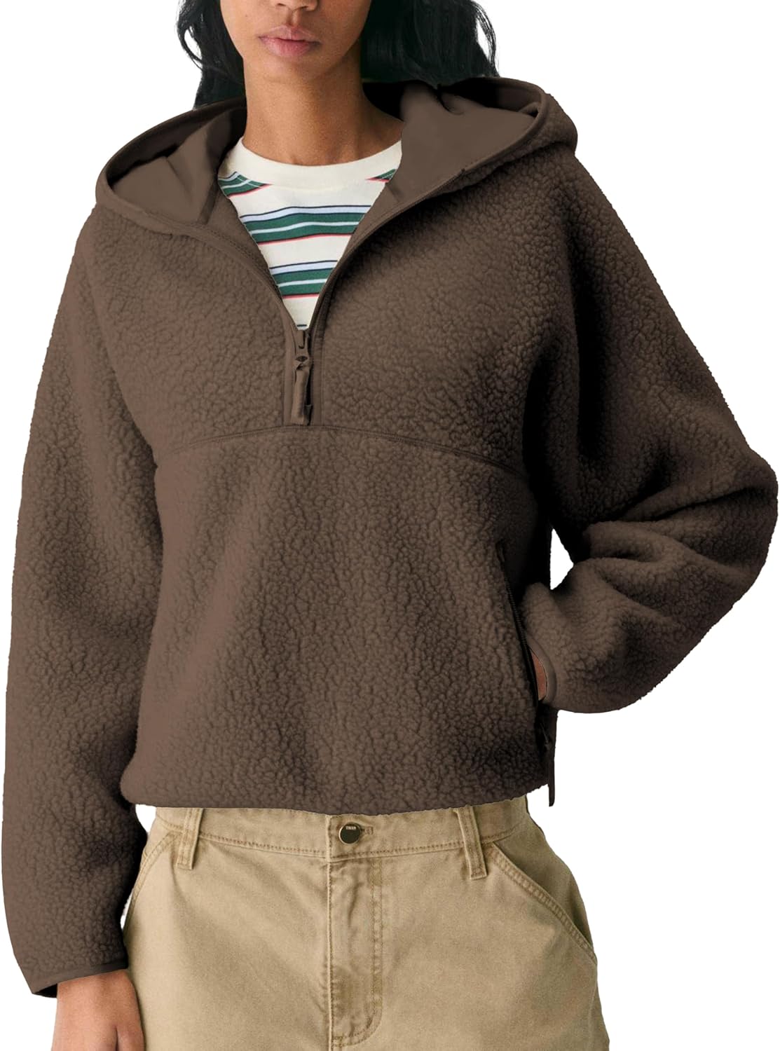 Women's Hoodie Half Zip Sherpa Fleece Pullover Lightweight Cropped Jacket with Zipper Pockets