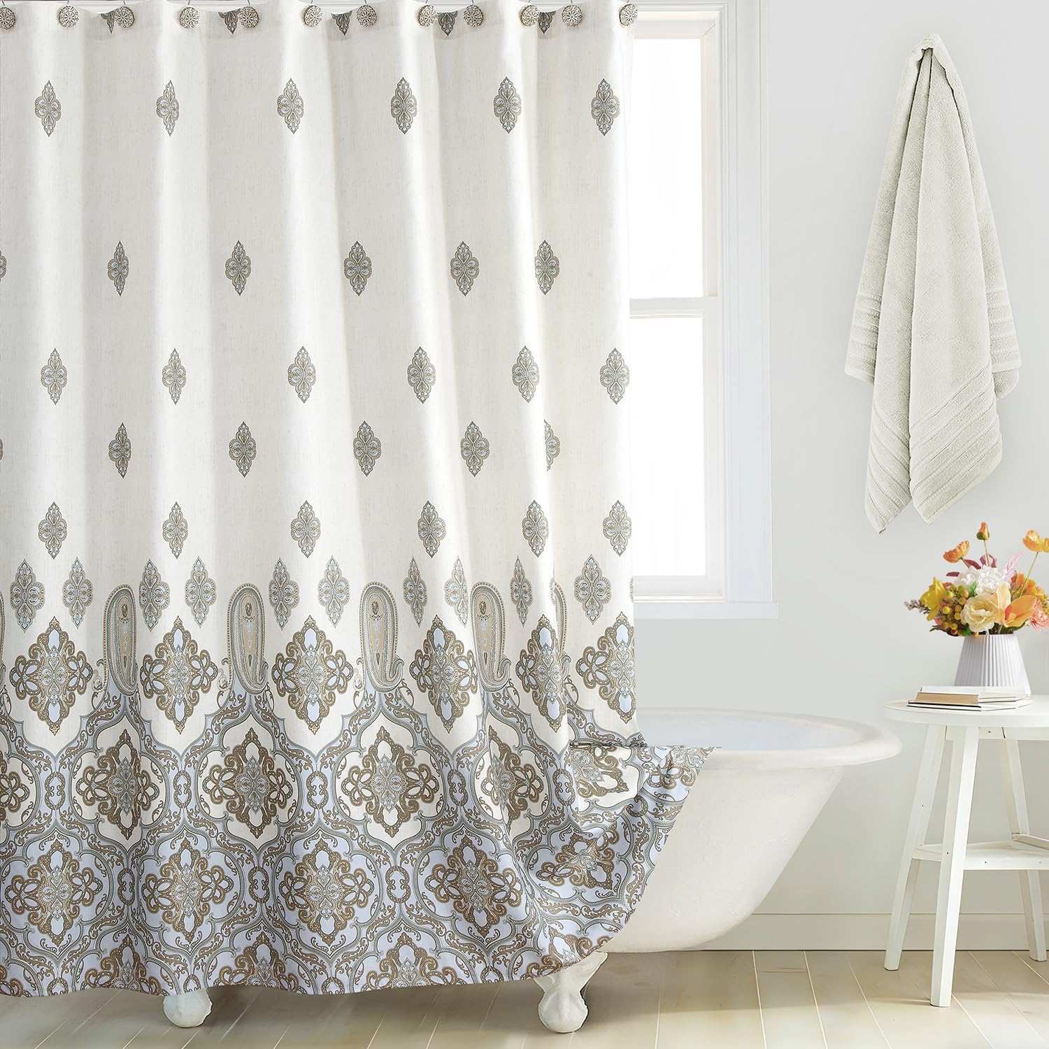 Beige Fabric Shower Curtain, Waterproof for Bathroom with Tan Printed Ombre Boho Paisley Damask Pattern, 72" W x 72" H