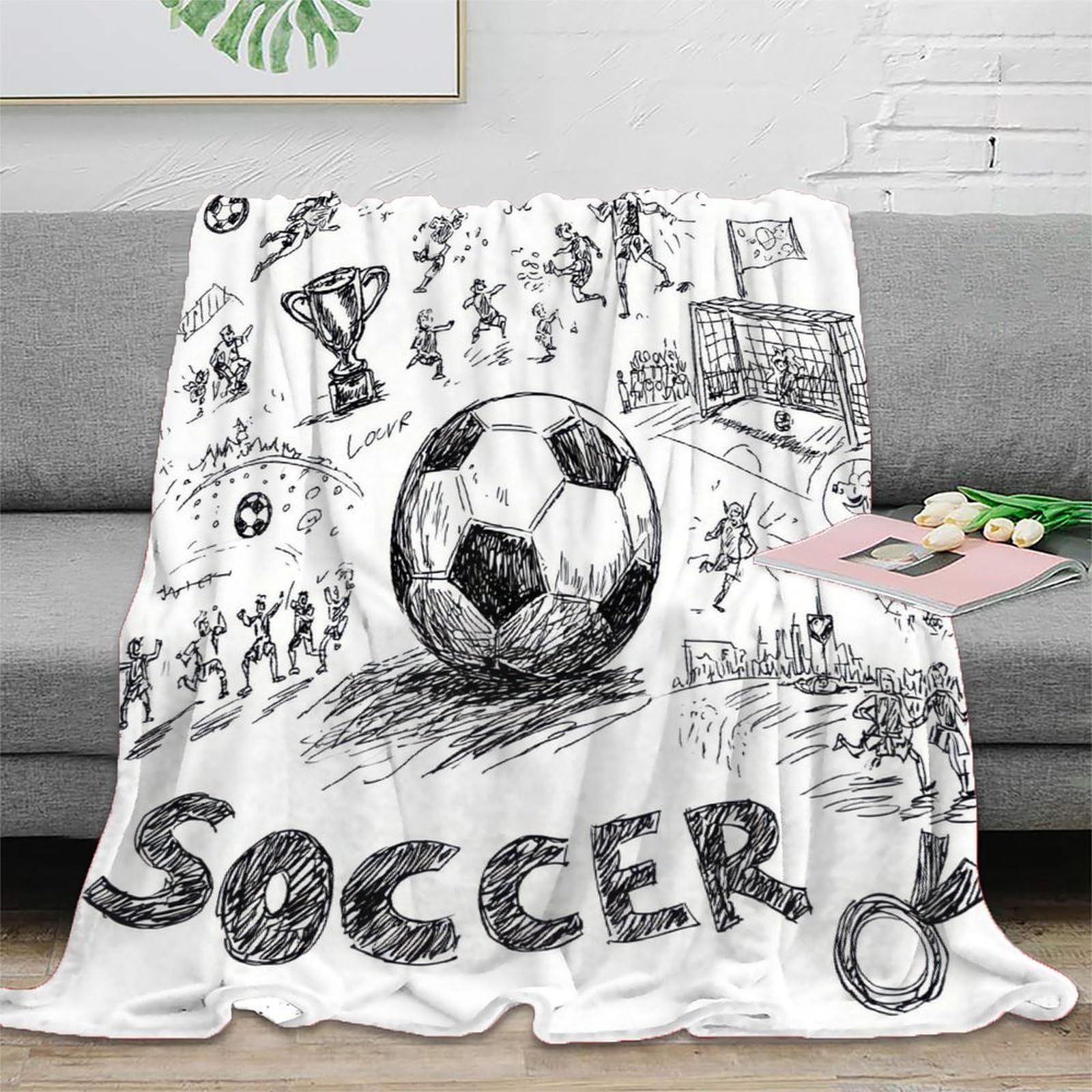 stampa 3D Soccer action coperta da viaggio microfibra biancheria da letto anti-pilling plaid da viaggio compatto per giovani in viaggio avventura hand drawn 70×80inch(180x200cm)