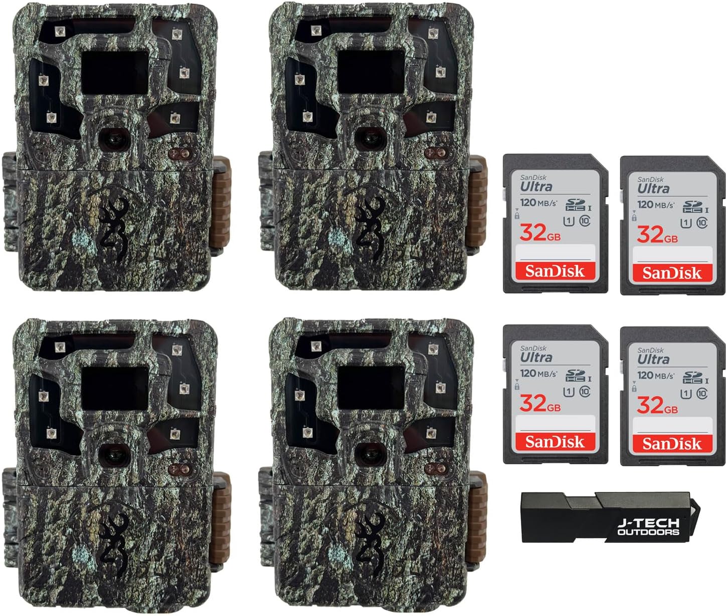 (4) Browning Strike Force Pro X 1080 Trail Game Camera Bundle Includes 32GB Memory Cards and J