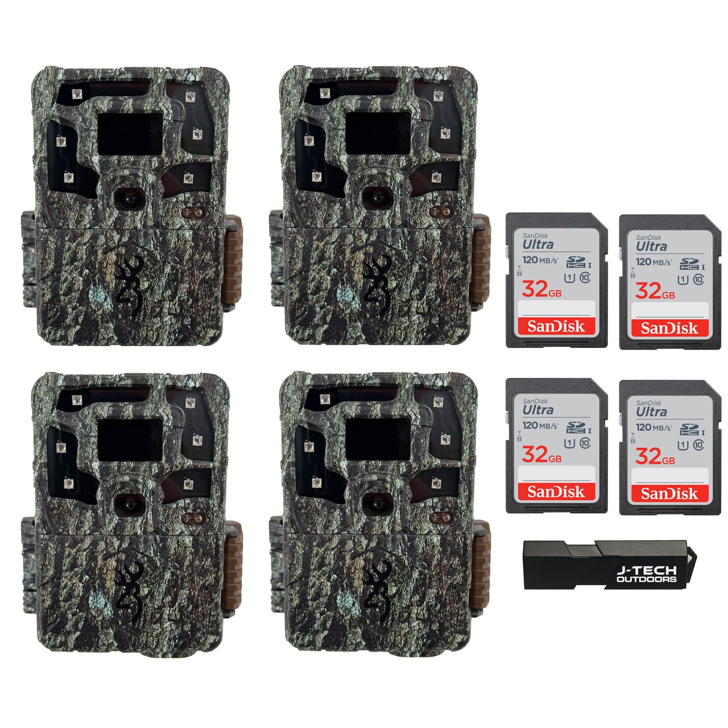 (4) Browning Strike Force Pro X 1080 Trail Game Camera Bundle Includes 32GB Memory Cards and J-TECH Card Reader (24MP) | BTC5PX1080