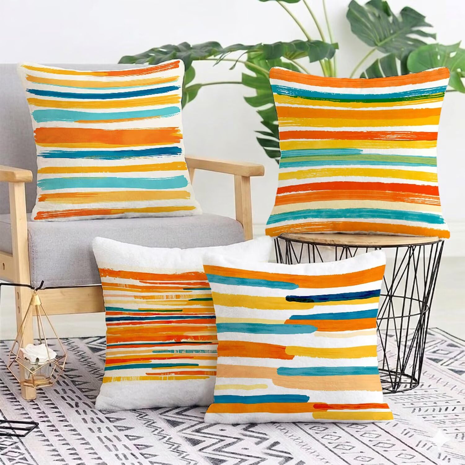 Federe Cuscini Divano 55x55 cm in Peluche Corto Colorato, 4 Pezzi Copricuscino Divano con Cerniera Invisibile, Cuscini da Esterno Decorativi per Casa Giardino Soggiorno Camera da Letto A Righe L-G128
