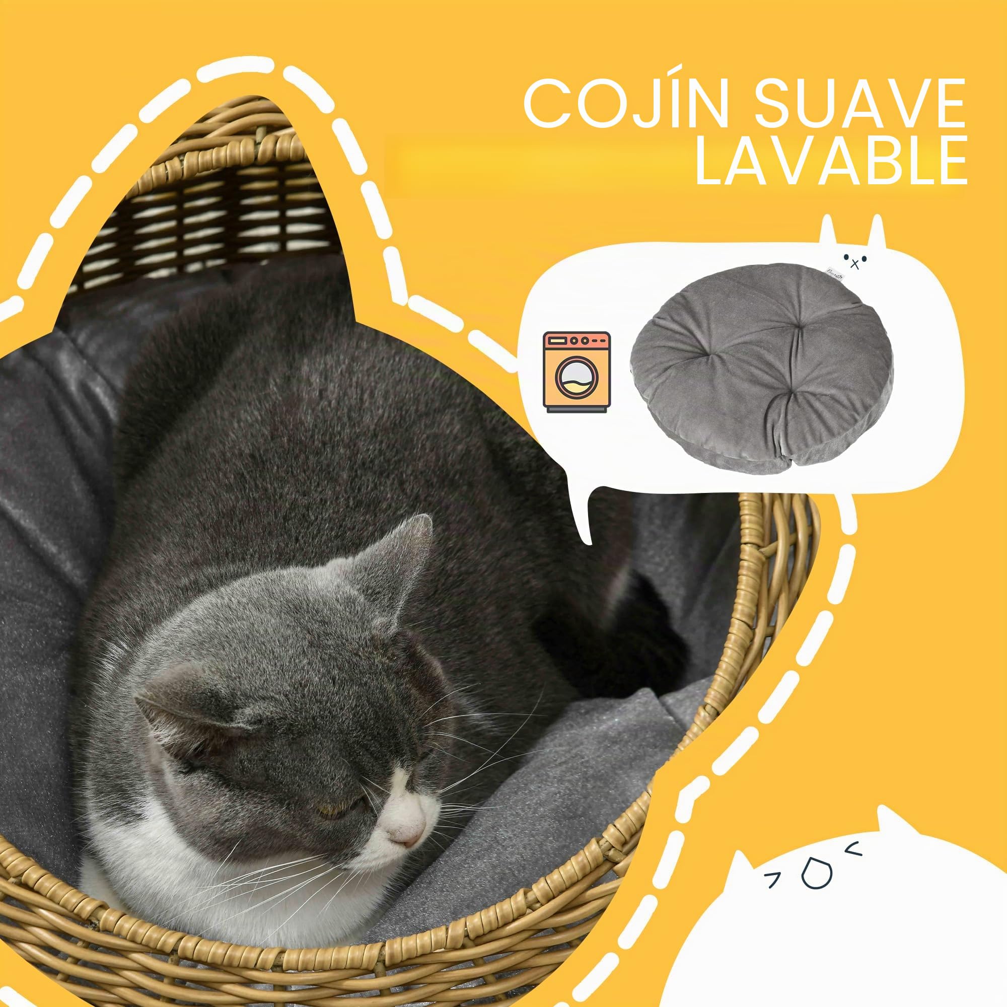 PawHut Cesta ratán gato, cueva gato hasta 4 kg Ø50x31 cm Marrón claro | Casa para gato, cabaña para gato, con cojín, cama para mascotas, interior.