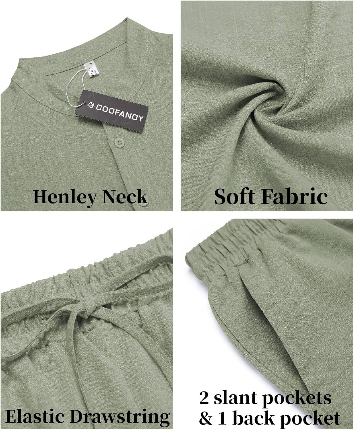 COOFANDY Men's 2 Pieces Linen Set Casual Henley Shirts Short Sleeve Beach Yoga Shorts Summer Pants Outfits - Image 5