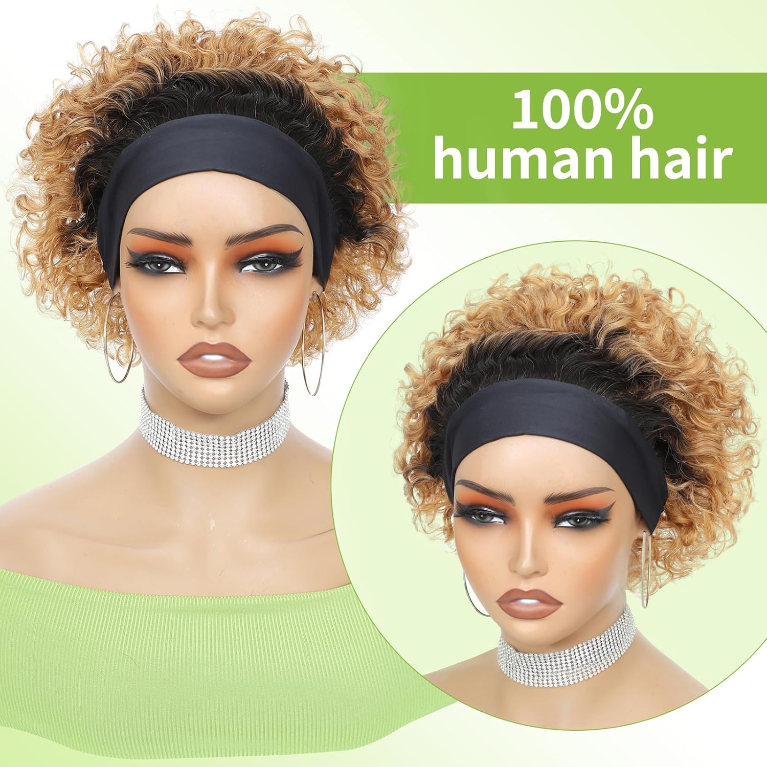 Headband Wig Human Hair Wigs for Black Women Blonde Ombre Pixie Cut Wig Human Hair Put on and Go Glueless Wig Curly Headband Wigs 150% Density Natural Black 8 Inch,T27