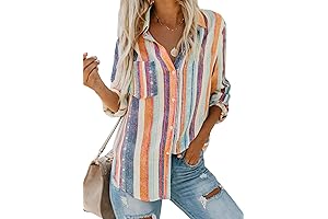 ModLily Women's Casual V-Neck Striped Roll-Up Sleeve Button-Down Blouse Tops