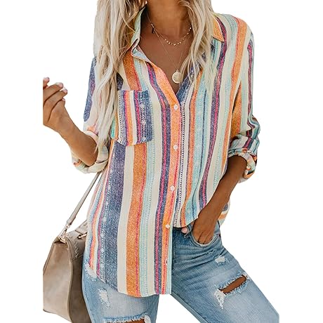 ModLily Women's Casual V-Neck Striped Roll-Up Sleeve Button-Down Blouse Tops