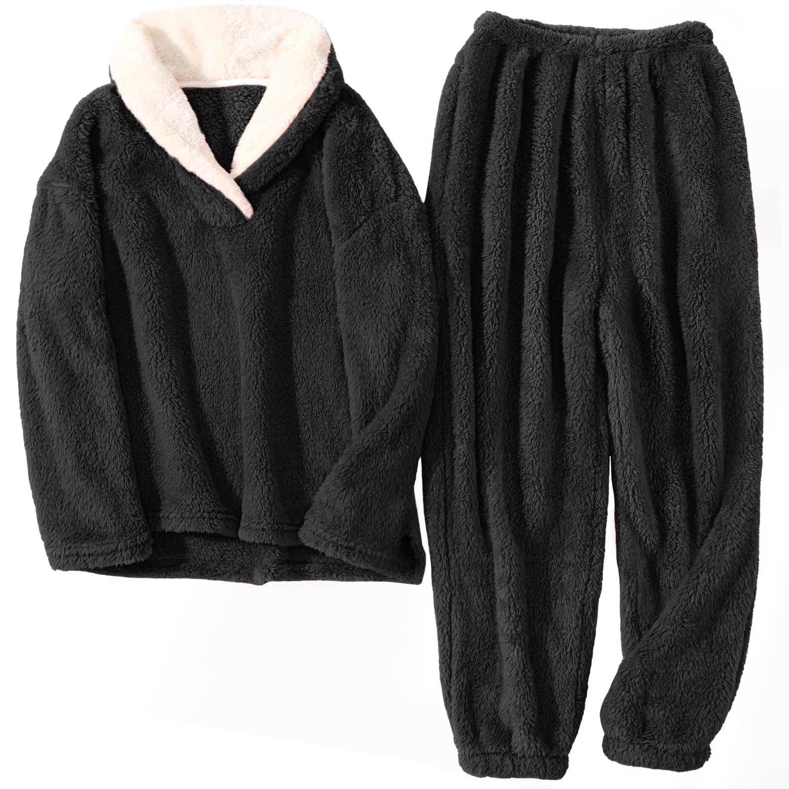 HEEKPEK Fuzzy Pajamas Set for Women Winter Warm Fluffy Loungewear Soft Fleece Pj Pants 2 Piece Plush Sleepwear Lounge Tops