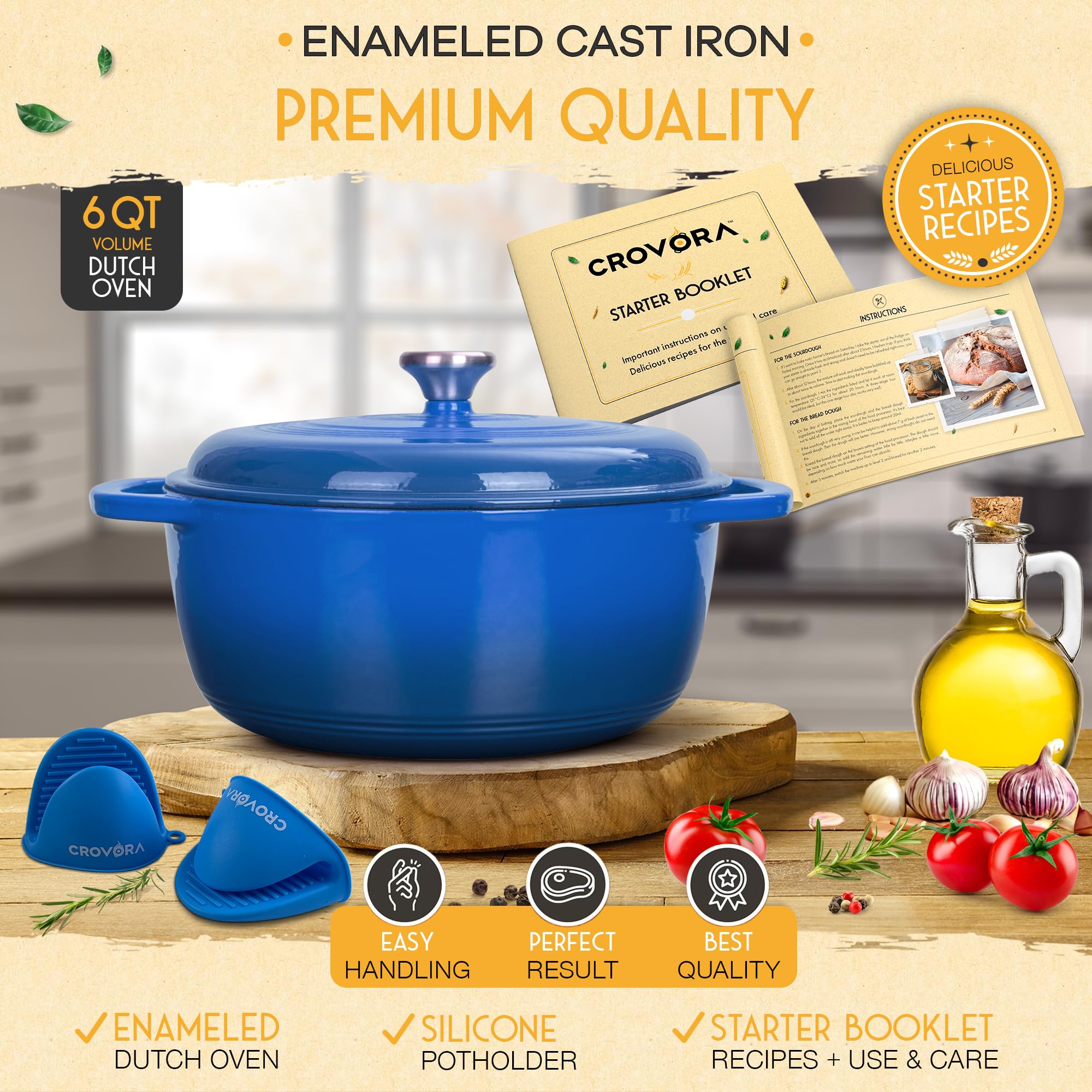 Crovora Pentola da forno olandese in ghisa smaltata da 6 litri con coperchio (blu)