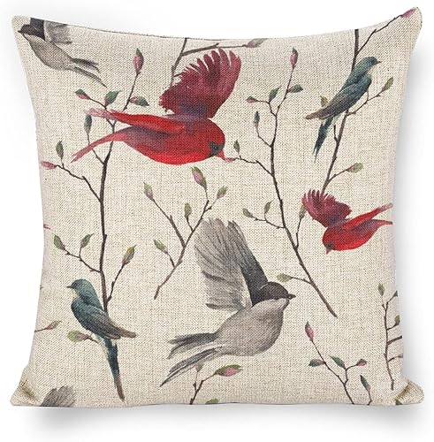 Icotoibabie Funda de almohada de lino con patrón de pájaro de 18 x 18 pulgadas, funda de cojín decorativa de doble cara para sofá, cama, silla y