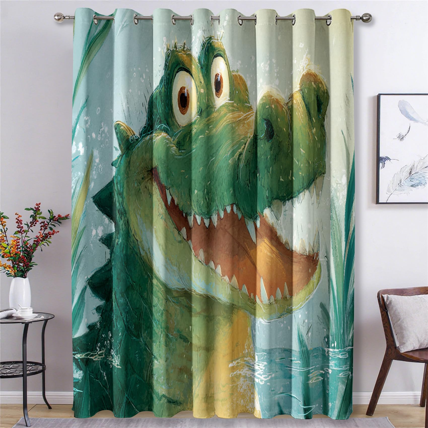 Generisch Verdunklungsvorhänge Krokodil, Vorhänge Kinder Cartoon Tier für Schlafzimmer Wohnzimmer Deko, Gardinen mit Ösen 183 X 117 cm (H x B), 2er Set Vorhang Blickdicht X&-42