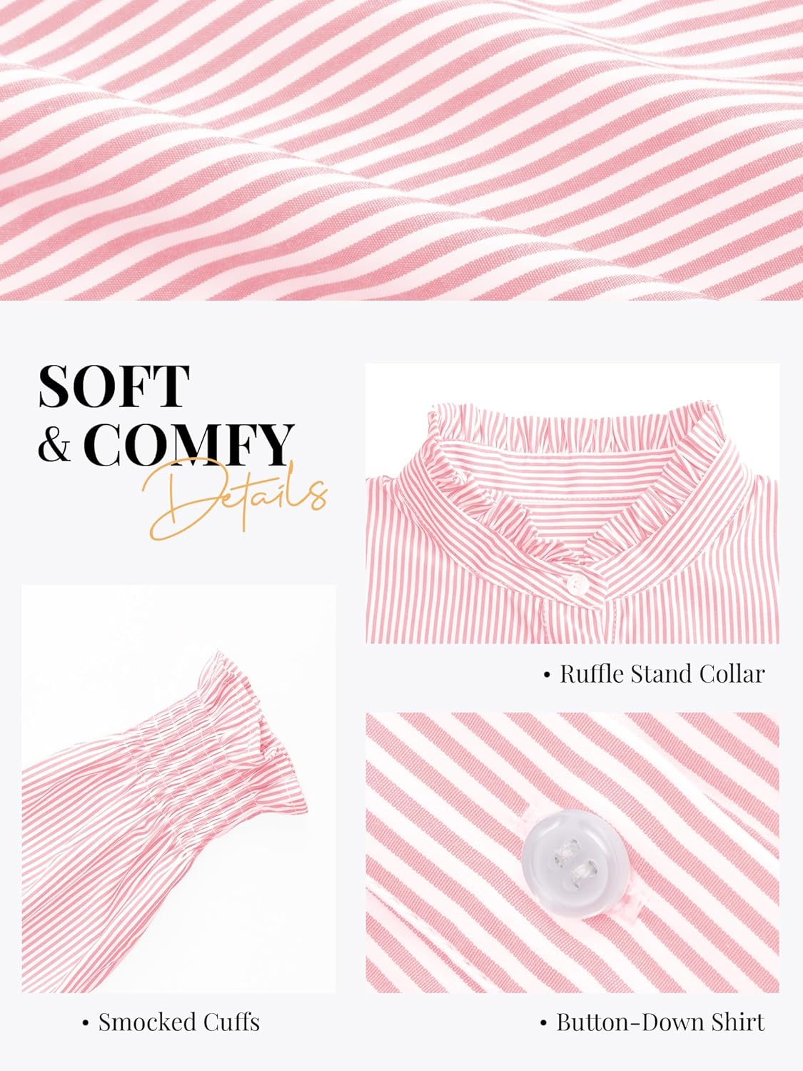 Funlingo Women's Striped Button Down Shirts Long Sleeve Smocked Cuffed Ruffle Collar Blouses Spring Work Business Casual Tops - Image 5