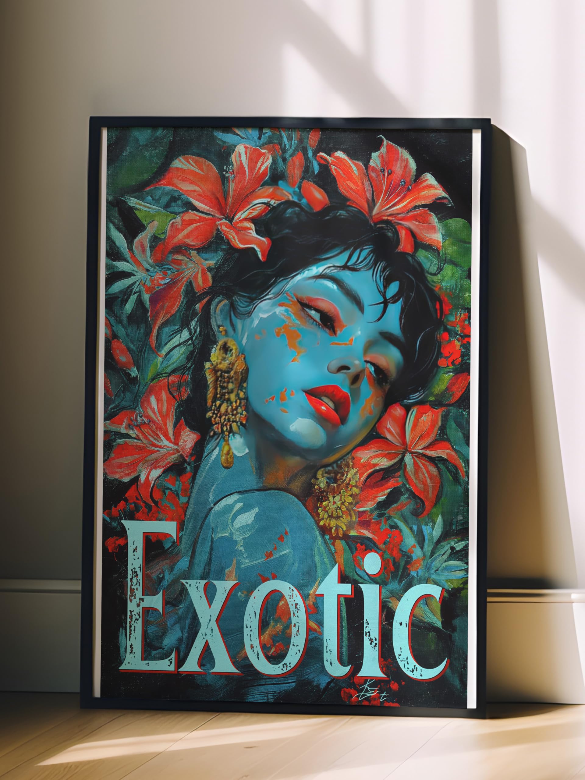 Zestia Siyah Çerçeveli Tablo, Kadın Portresi, Kırmızı Çiçekler ve Mavi Ten, Exotic Yazılı Poster No: 106584 15 x 21