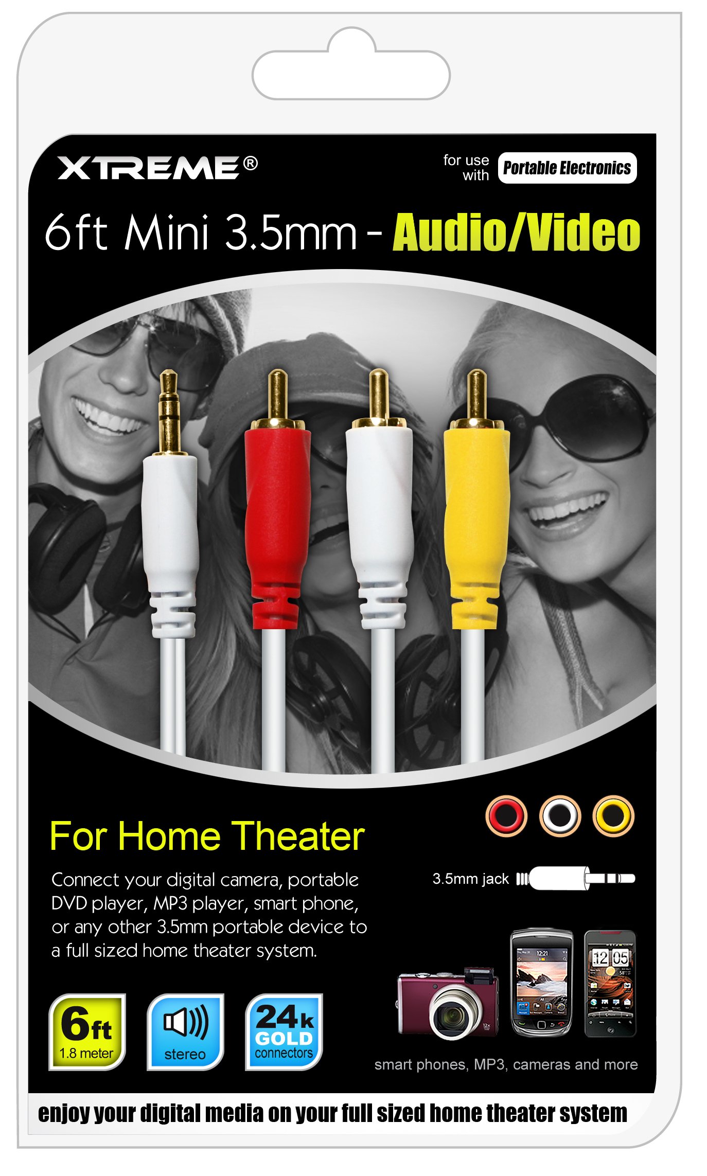 Xtreme 50605 3.5mm Composite A/V - Data Cable - Retail Packaging - White, Red and Yellow